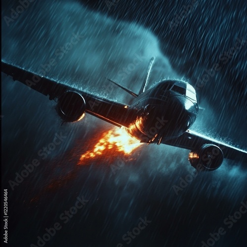 Airplane in stormy weather with flaming engine during heavy rainfall photo