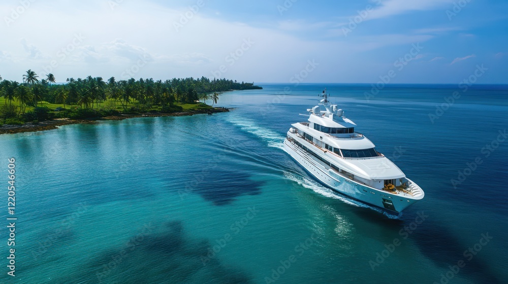 Obraz premium Luxury yacht cruising tropical ocean, island backdrop
