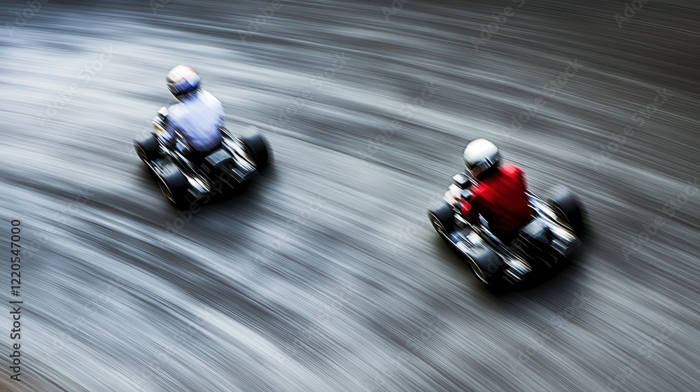 Obraz premium Kart Drivers Navigating Sharp Turn with Panning Effect