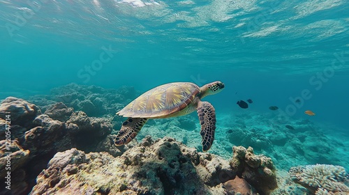 Sea Turtle Swimming Over Coral Reefs in Turquoise Water photo