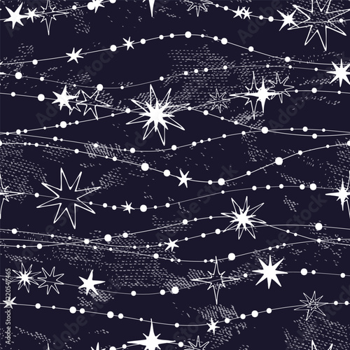 White cute stars on a dark background. Seamless winter pattern. Vector illustration.