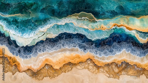 Aerial view of ocean waves meeting sandy shorelines.