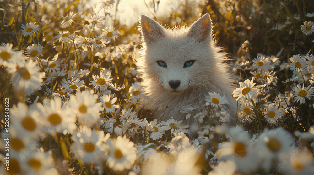 A 15 year olds girl standing and looking in camera. on a patch of vibrant daisies in a countryside field, her eyes is blue, its fur shimmering in the golden sunlight, A 15 year olds girl standing and looking in camera. on a patch of vibrant daisies in a countryside field, her eyes is blue, its fur shimmering in the golden sunlight,