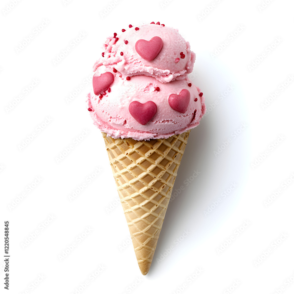 A pink ice cream cone with heart-shaped sprinkles A pink ice cream cone with heart-shaped sprinkles