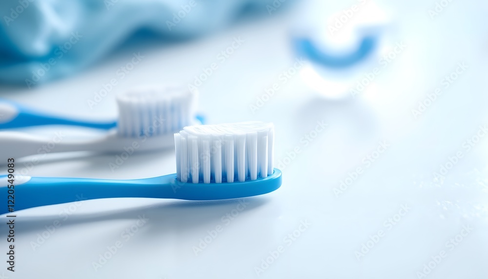 Closeup of Blue Toothbrushes on a White Surface Closeup of Blue Toothbrushes on a White Surface