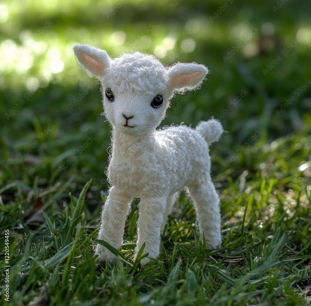 Fototapeta premium Cute Young Lamb Stands on Green Grass Under Natural Light, Showcasing Its Fluffy White Wool and Playful Demeanor in a Serene Outdoor Setting
