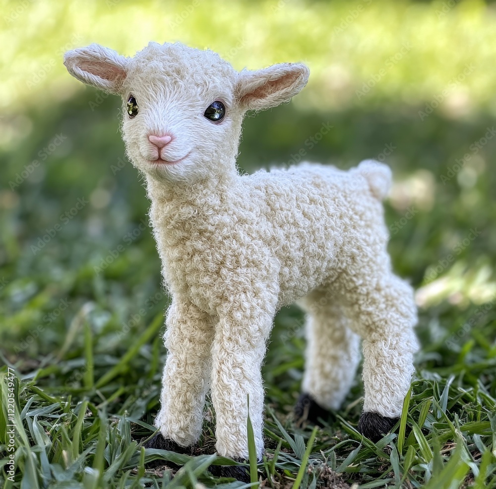 Cute Young Lamb Stands on Green Grass Under Natural Light, Showcasing Its Fluffy White Wool and Playful Demeanor in a Serene Outdoor Setting Cute Young Lamb Stands on Green Grass Under Natural Light, Showcasing Its Fluffy White Wool and Playful Demeanor in a Serene Outdoor Setting