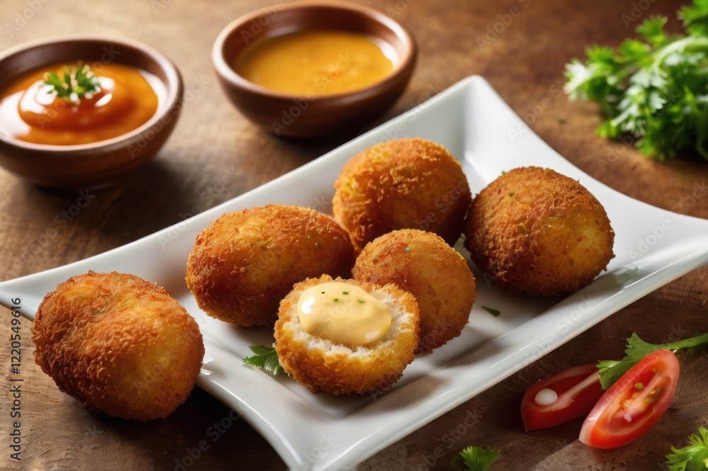 A golden plate of crispy, fried croquettes with dipping sauce. A golden plate of crispy, fried croquettes with dipping sauce.