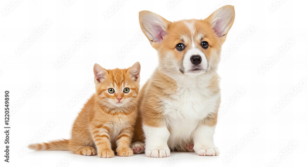 Cute Welsh corgi puppy and a red kitten sit together on a white background. isolated on a white background Cute Welsh corgi puppy and a red kitten sit together on a white background. isolated on a white background