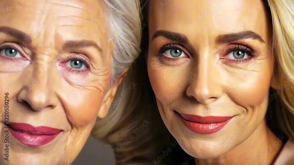Beautiful chic women of different ages, family love, happy grandmother and granddaughter. Studio portrait of a mother and daughter in elegant clothes on beige background. Beautiful chic women of different ages, family love, happy grandmother and granddaughter. Studio portrait of a mother and daughter in elegant clothes on beige background.