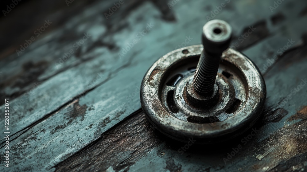 Rusty Metal Wheel on Weathered Wood Background Rusty Metal Wheel on Weathered Wood Background