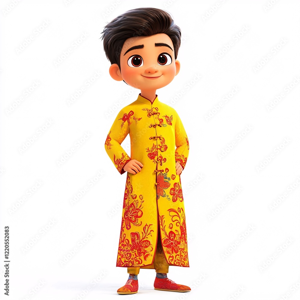 A male cartoon character with a traditional Vietnamese áo dài in vibrant yellow with red floral designs, standing on a white background A male cartoon character with a traditional Vietnamese áo dài in vibrant yellow with red floral designs, standing on a white background