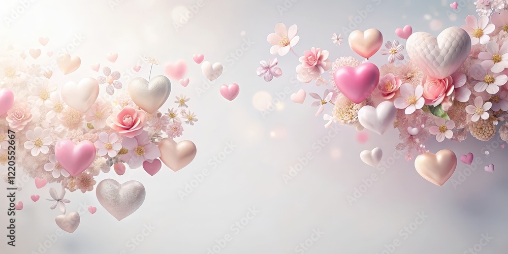 Delicate floral hearts floating in mid-air with soft pink hues and subtle shine on a white background