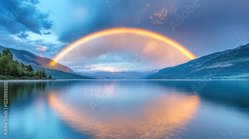 Mountain lake sunset rainbow reflection panorama