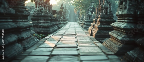 Ancient stone path flanked by monumental carvings leads through mist-laden forest, invoking a sense of mystic serenity and historical reverence. photo