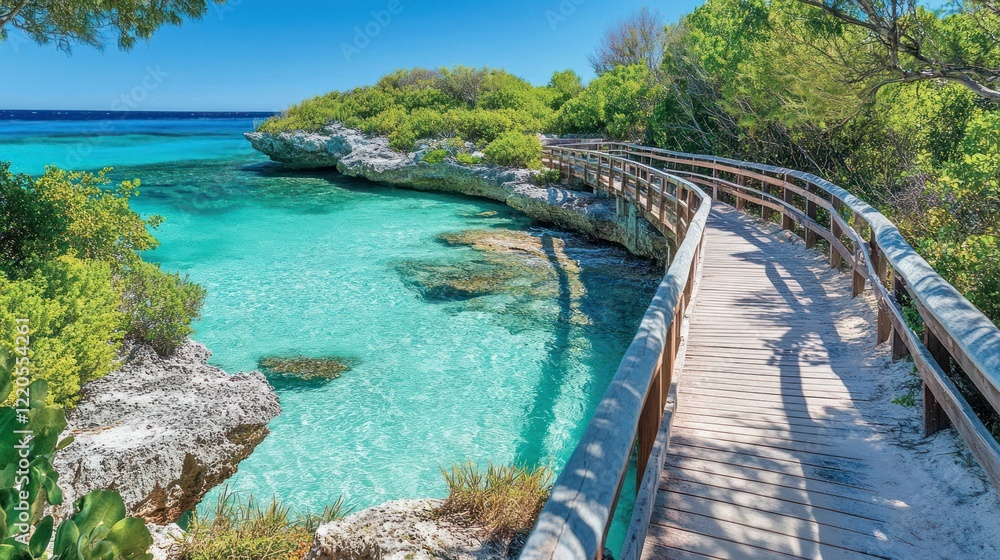 Tropical boardwalk beach cove turquoise water paradise