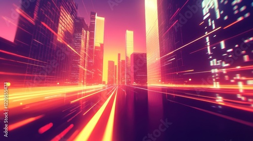 Wallpaper Mural The fast-moving light trails depict the hustle and bustle of human activity in a futuristic city scene at night, with shining lights and skyscrapers Torontodigital.ca