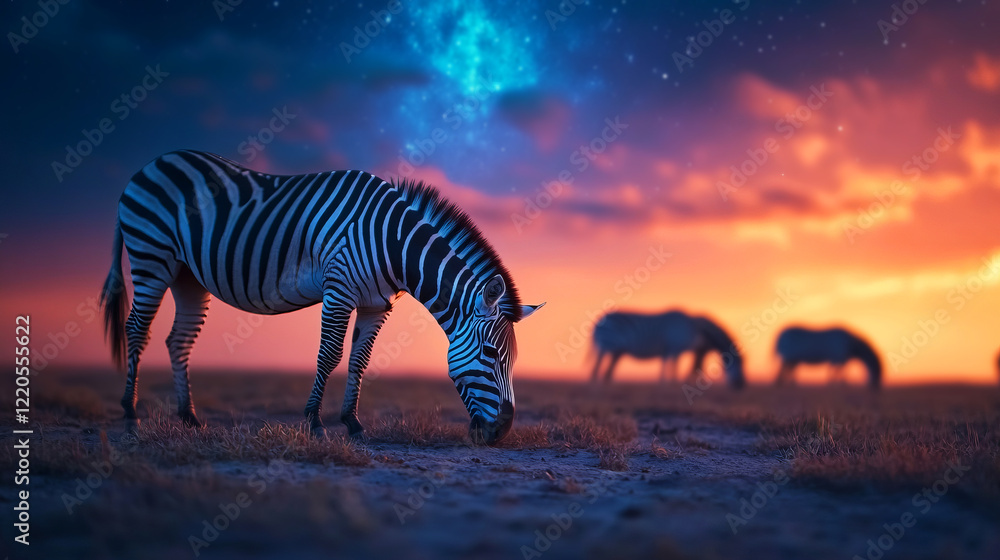 Fototapeta premium Majestic Zebra Grazing Under Starry Sky in Vibrant Sunset Landscape