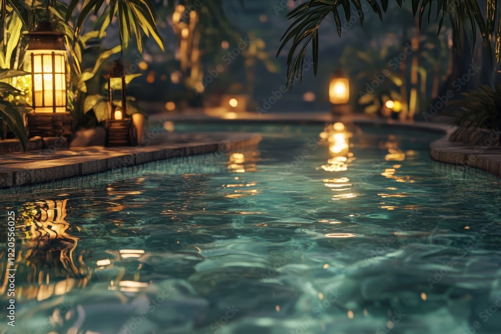 Tranquil Evening by the Illuminated Pool Surrounded by Lush Greenery and Warm Lanterns Creates a Serene Atmosphere for Relaxation Tranquil Evening by the Illuminated Pool Surrounded by Lush Greenery and Warm Lanterns Creates a Serene Atmosphere for Relaxation