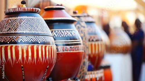 Colorful Pottery Jars at Market; shoppers blurred background; craft sale
