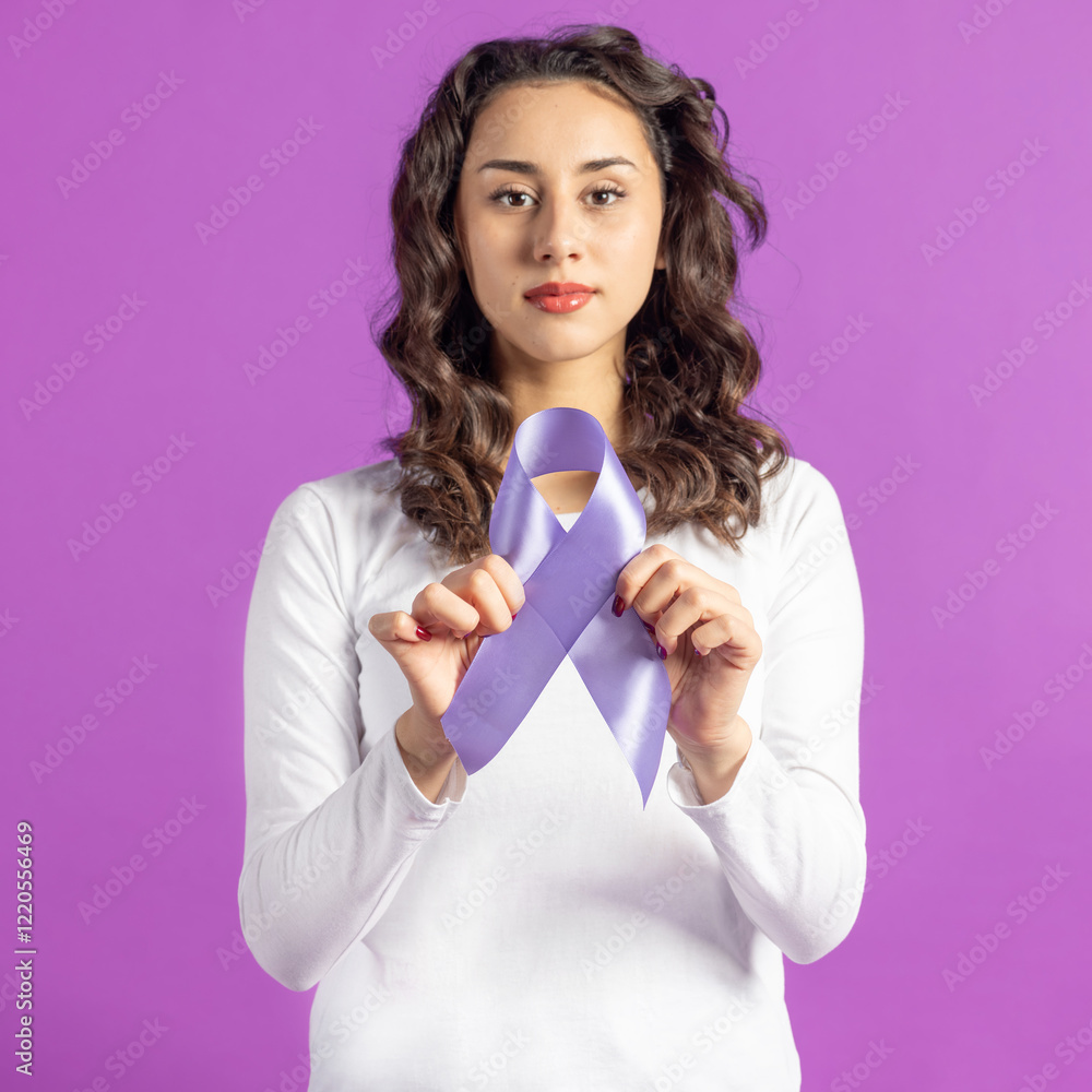 Beautiful woman holding purple ribbon as symbol of World International Purple day or Epilepsy day concept. Woman wearing white blouse and standing against purple background Beautiful woman holding purple ribbon as symbol of World International Purple day or Epilepsy day concept. Woman wearing white blouse and standing against purple background