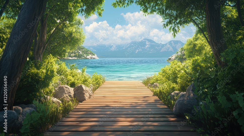 Wooden boardwalk leads to tranquil lake, mountain backdrop, summer vacation