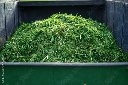 Freshly cut grass piled in a compost bin after mowing. photo