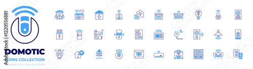 Domotic icon collection. Bold line style. Duotone colors. battery, fridge, coffee machine, voice assistant, domotics, smart home, servers, robot vacuum cleaner, plug