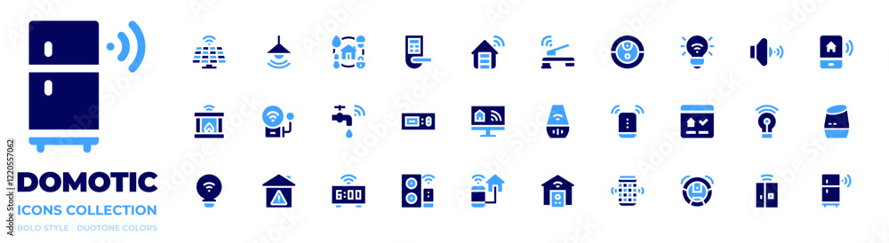 Domotic icon collection. Bold style. Duotone colors. solar panel, lamp, domotics, electronic, garage, faucet, fireplace, alarm, water tap, thermostat, voice assistant Domotic icon collection. Bold style. Duotone colors. solar panel, lamp, domotics, electronic, garage, faucet, fireplace, alarm, water tap, thermostat, voice assistant