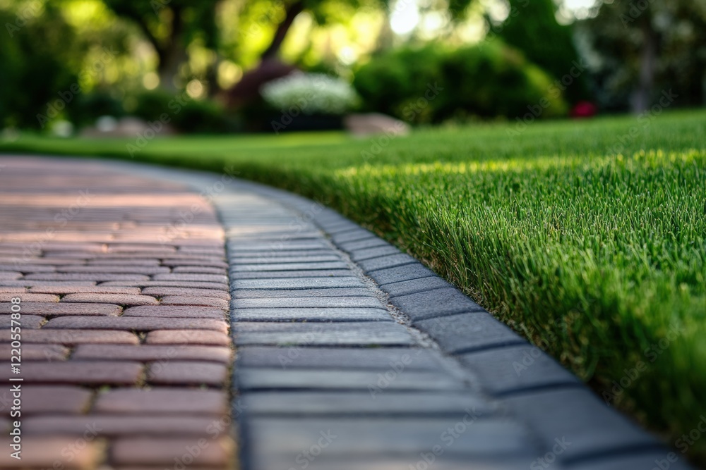 Grass being edged neatly along a brick driveway by a motorized trimmer. Grass being edged neatly along a brick driveway by a motorized trimmer.