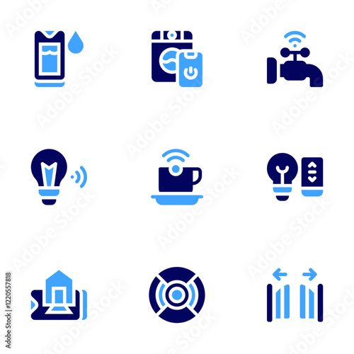 Domotic icon set. Bold style. Duotone colors. humidity control, washing machine, smart light, wifi, smart home, motion detector, faucet, gate