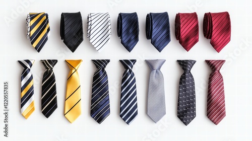 A set of classic men's ties in various colors and patterns displayed on a white background. photo