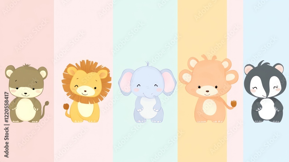 Different pastel colors of animals side by side on each side layer with adorable facial expressions, a concept of a child's world full of imagination Different pastel colors of animals side by side on each side layer with adorable facial expressions, a concept of a child's world full of imagination