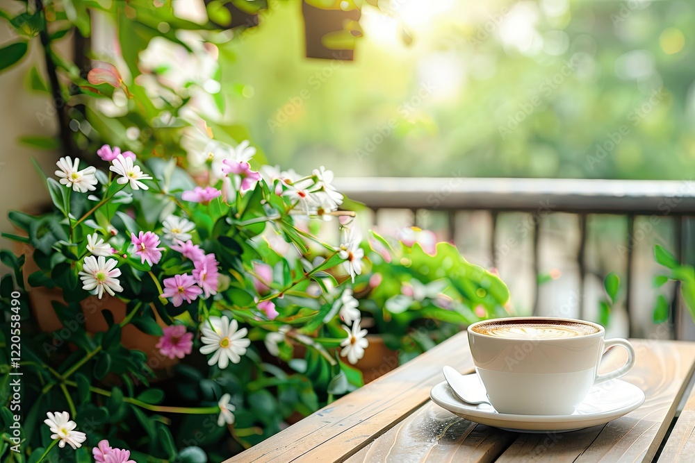 Clear Pixel Image of Cup of Coffee on Balcony Among Green Plants and Flowers Clear Pixel Image of Cup of Coffee on Balcony Among Green Plants and Flowers