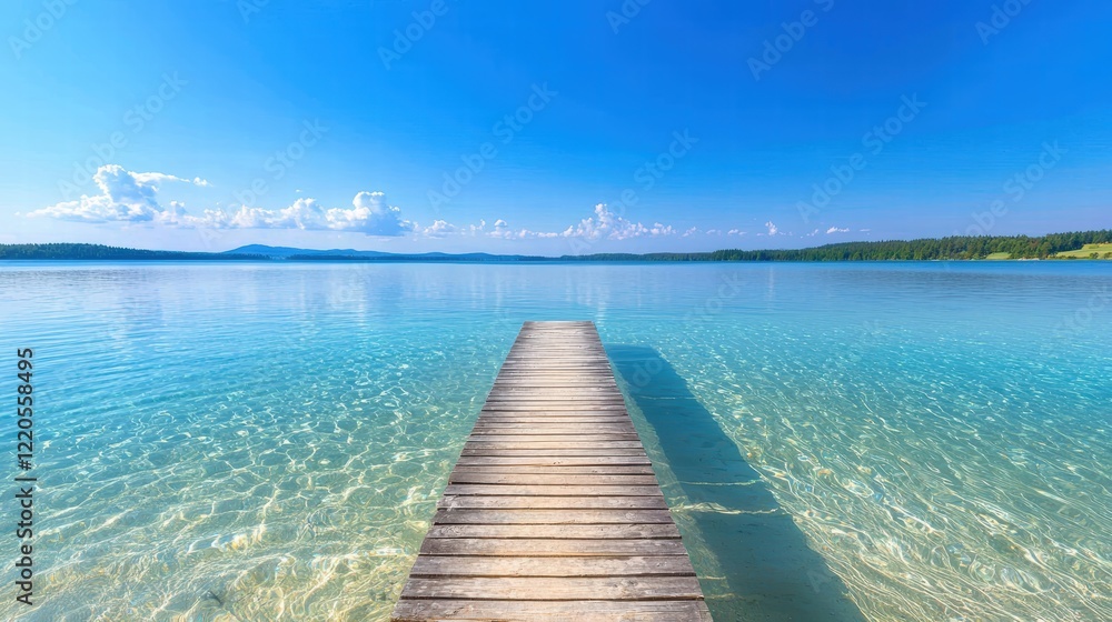 Fototapeta premium A small wooden pier extending into a crystal-clear lake under a bright summer sky