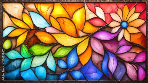 A stained-glass panel with vibrant colors and intricate floral patterns.
