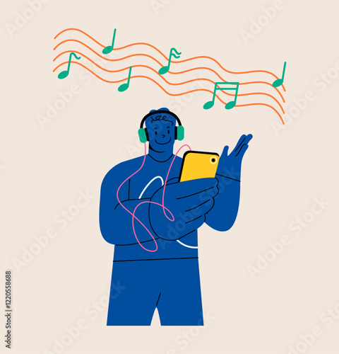 Man listens to music on his phone with headphones. Colorful vector illustration