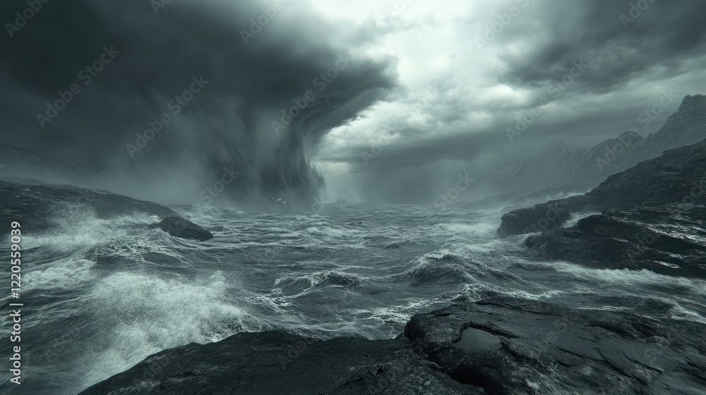 Coastal storm raging, dark clouds, mountainous backdrop, apocalyptic scene Coastal storm raging, dark clouds, mountainous backdrop, apocalyptic scene