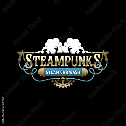 vintage steampunk steam car wash logo