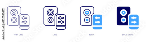 Speaker icon in 4 different styles. Thin Line, Line, Bold, and Bold Line. Duotone style. Editable stroke