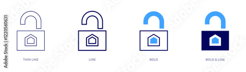 Unlock icon in 4 different styles. Thin Line, Line, Bold, and Bold Line. Duotone style. Editable stroke