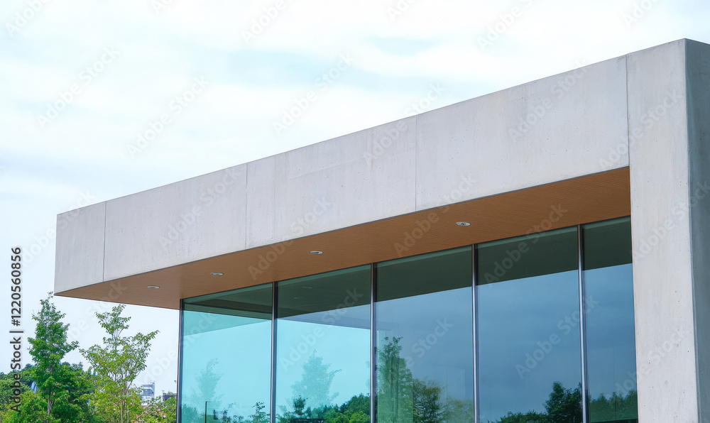 Fototapeta premium Modern architectural design with large glass windows and a minimalist exterior at a serene location