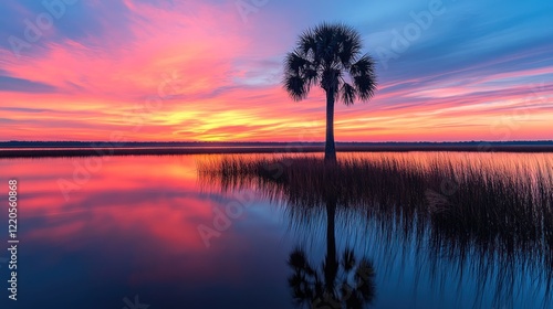 Sunrise, palmetto, marsh, reflection, vibrant sky, peaceful, nature, tranquil, coastal scene, postcard