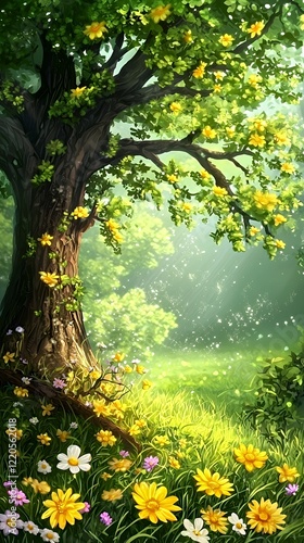 Enchanted Spring Forest: A digital painting of a majestic tree blooming with yellow flowers in a serene forest clearing