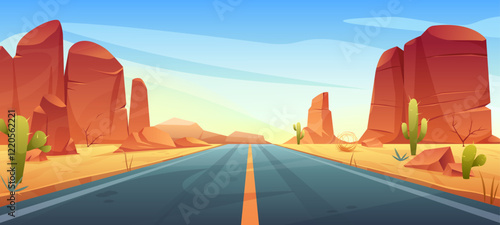 Wild nature of Africa or Arizona with asphalt highway. Vector savannah landscape with road, mountains, cactuses, western gorge, hills. Safari trip. Panoramic background. Mexico hot sand desert