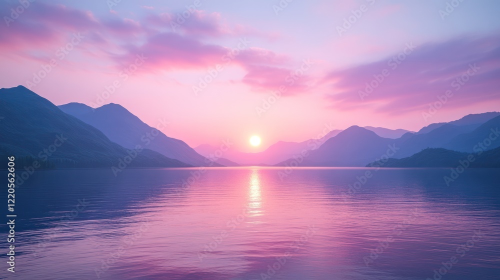 Pink sunset over calm lake, mountains, peaceful sky Pink sunset over calm lake, mountains, peaceful sky