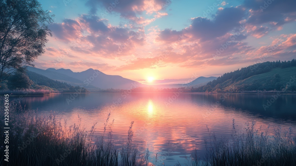 Fototapeta premium Serene sunset reflecting on calm mountain lake