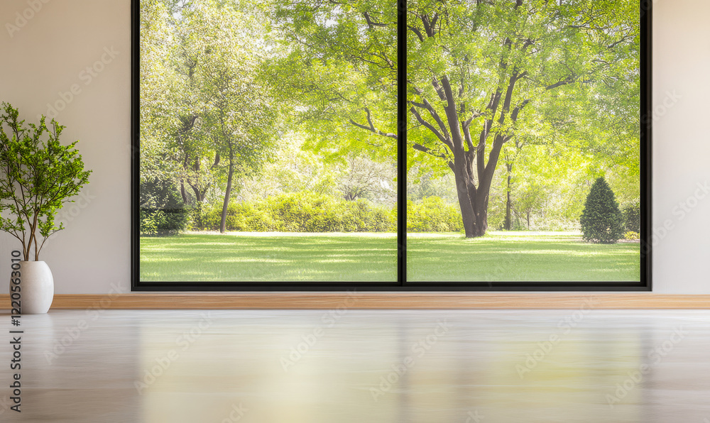Obraz premium Bright and airy living space with large windows overlooking a lush green landscape