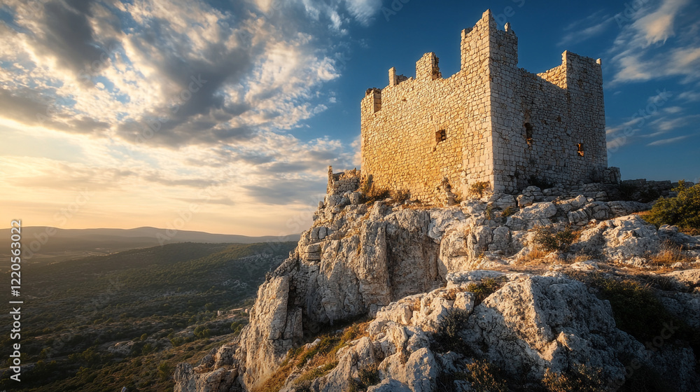 Ancient Stone Castle Ruins Majestic Sunset View Hilltop Landscape Sky Old Rocks Cliff Tower Rural Ancient Stone Castle Ruins Majestic Sunset View Hilltop Landscape Sky Old Rocks Cliff Tower Rural