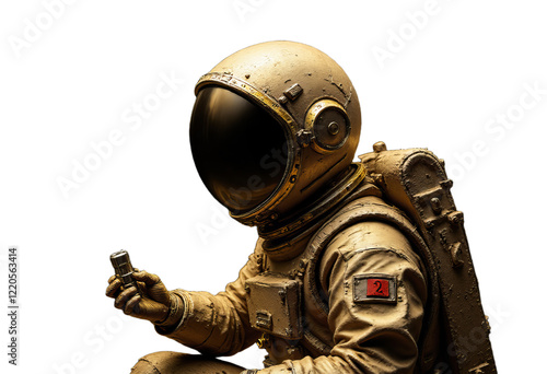 Astronaut in spacesuit holding a small object with transparent background photo